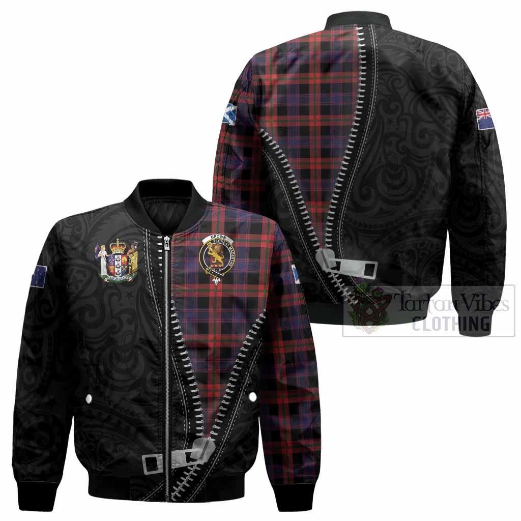Brown (Broun) Tartan Bomber Jacket New Zealand Pattern Unique Zipper Stylized
