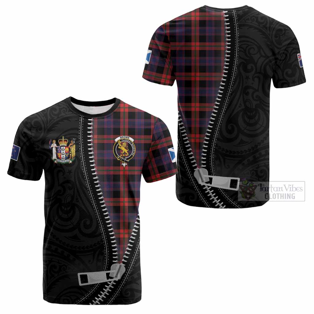 Brown (Broun) Tartan Cotton T-shirt New Zealand Pattern Unique Zipper Stylized