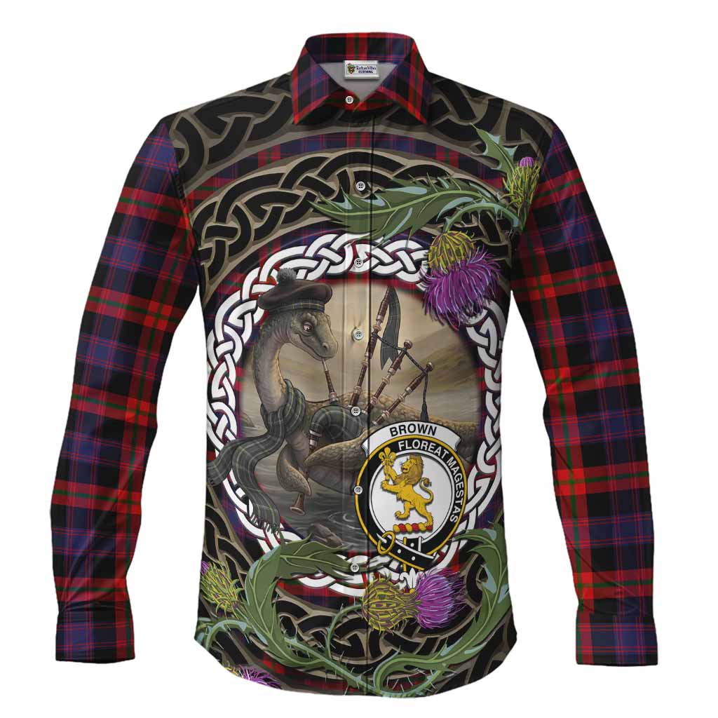 Brown (Broun) Tartan Crest Bagpipe Nessie Long Sleeve Button Shirts Scottish Loch Ness Monster Celtic Thistle