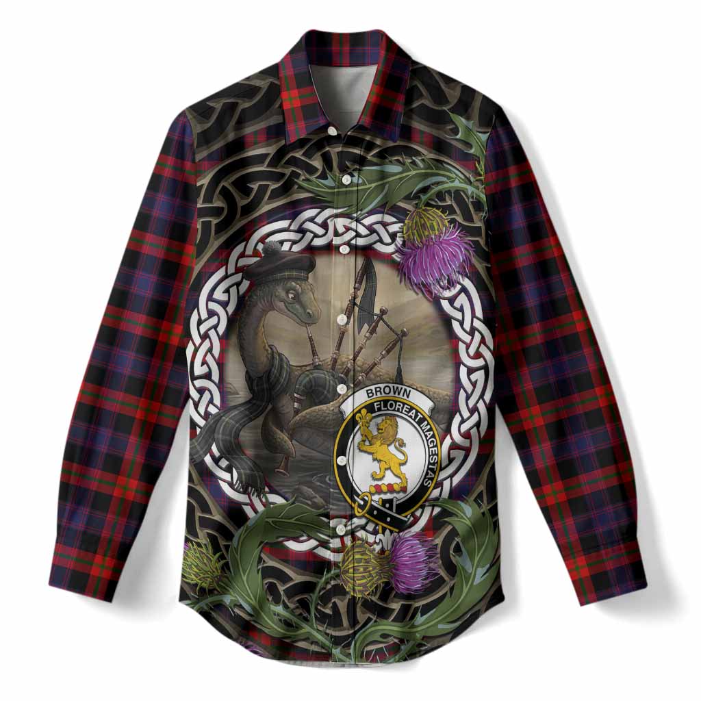 Brown (Broun) Tartan Crest Bagpipe Nessie Women Casual Shirt Scottish Loch Ness Monster Celtic Thistle