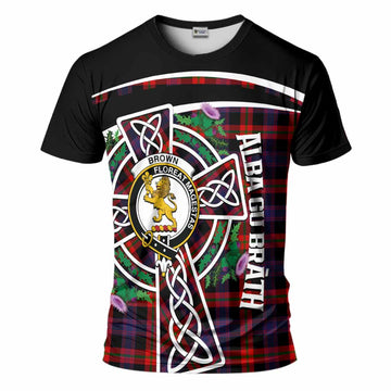 Brown (Broun) Tartan Crest T-Shirt Scottish Thistle Celtic Cross Alba Gu Brath