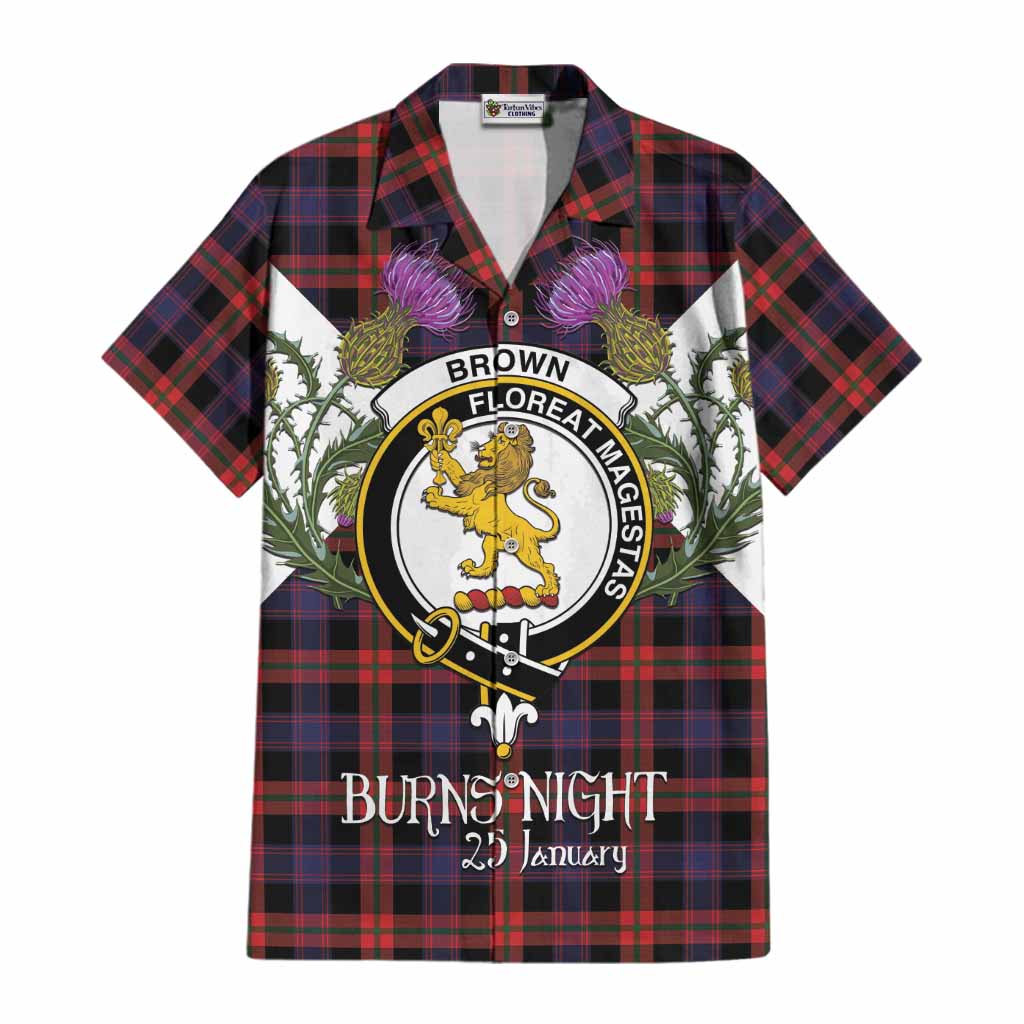 Brown (Broun) Tartan Family Crest Cotton Hawaiian Shirt Scottish Burns Night Thistle Floral