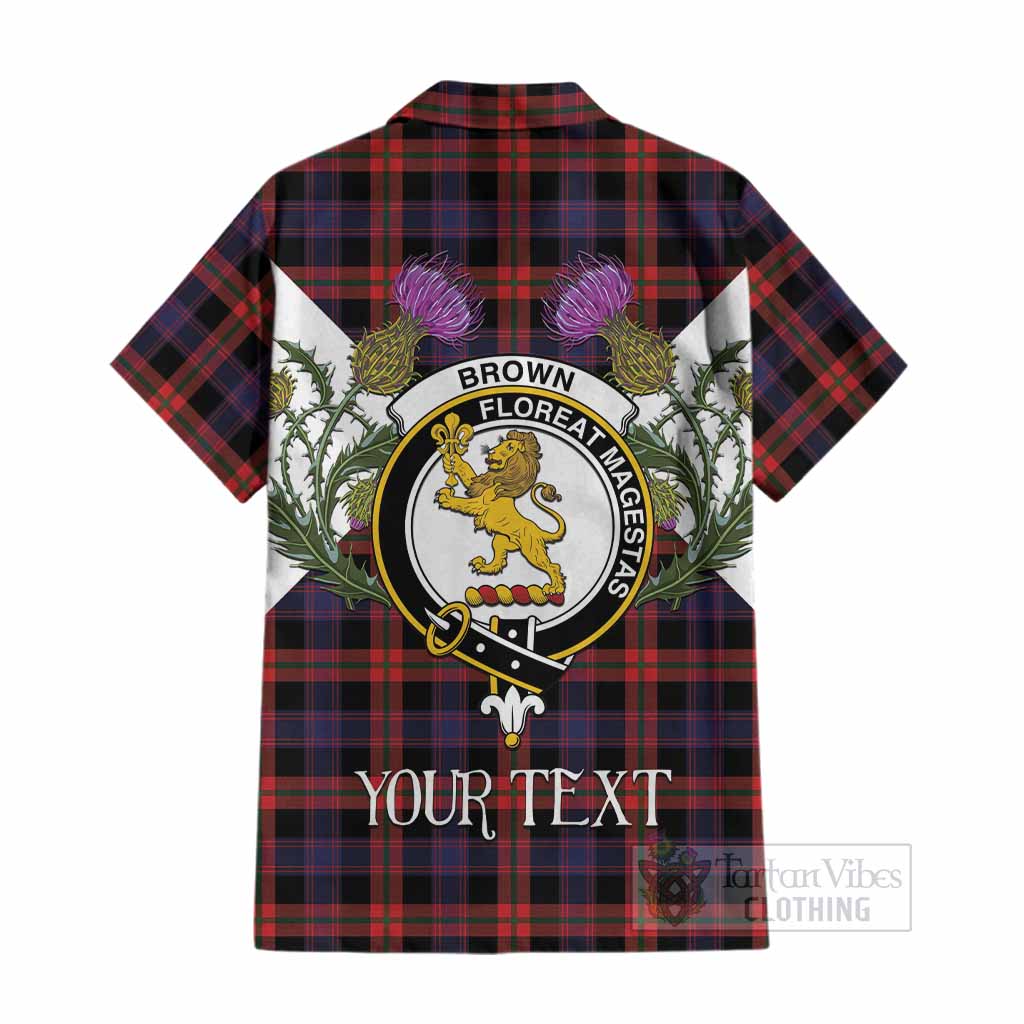 Brown (Broun) Tartan Family Crest Cotton Hawaiian Shirt Scottish Burns Night Thistle Floral