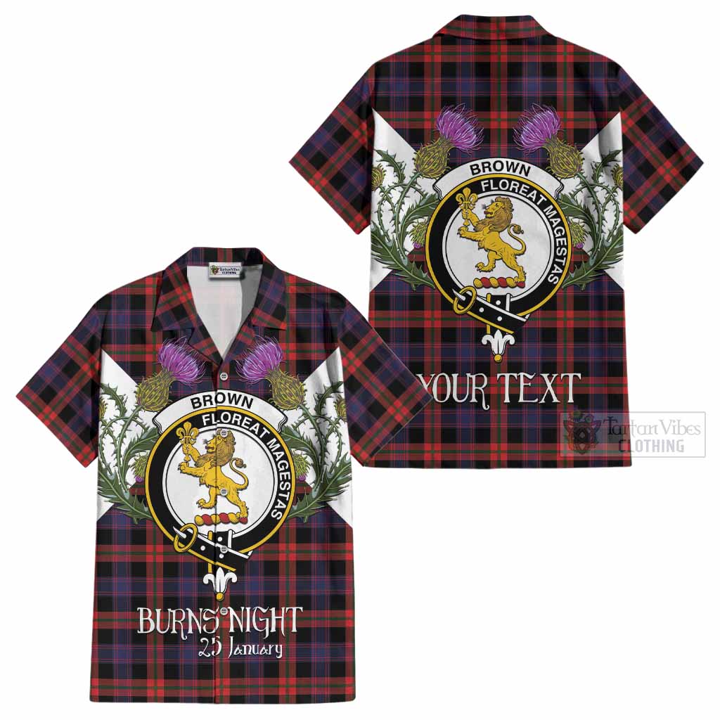 Brown (Broun) Tartan Family Crest Cotton Hawaiian Shirt Scottish Burns Night Thistle Floral