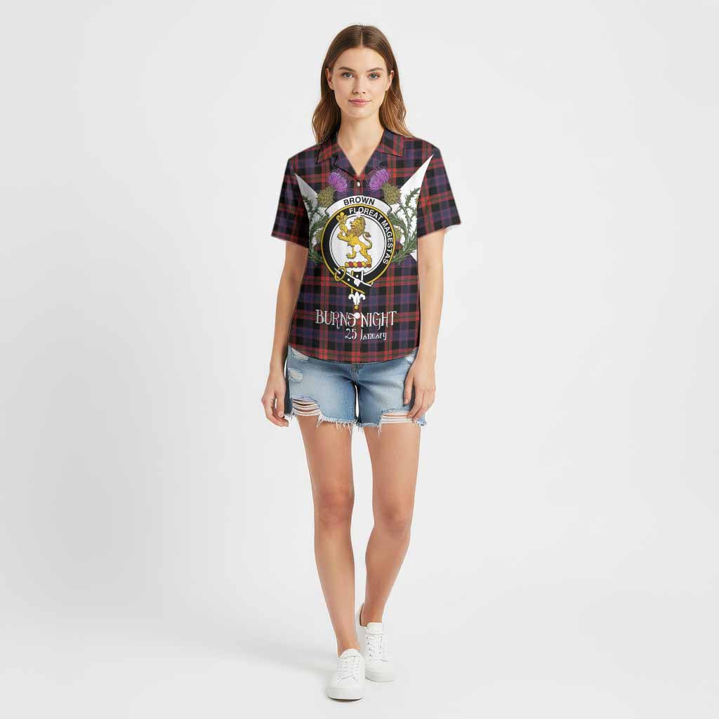 Brown (Broun) Tartan Family Crest Cotton Hawaiian Shirt Scottish Burns Night Thistle Floral
