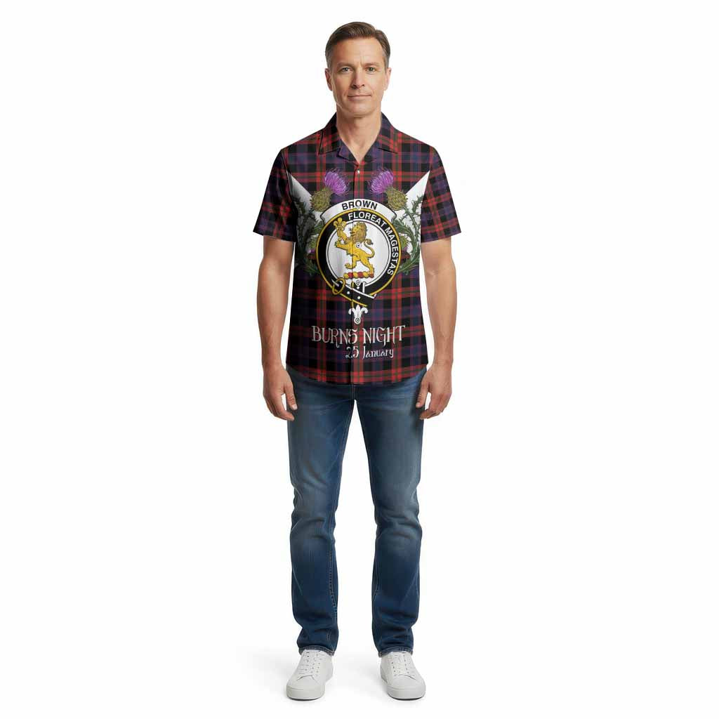Brown (Broun) Tartan Family Crest Cotton Hawaiian Shirt Scottish Burns Night Thistle Floral