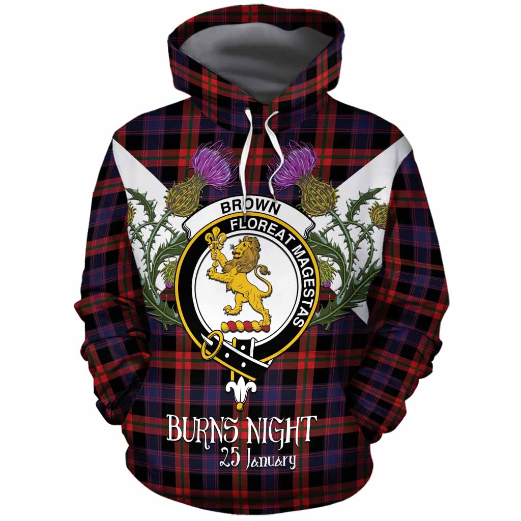Brown (Broun) Tartan Family Crest Cotton Hoodie Scottish Burns Night Thistle Floral