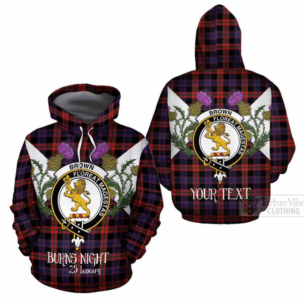 Brown (Broun) Tartan Family Crest Cotton Hoodie Scottish Burns Night Thistle Floral