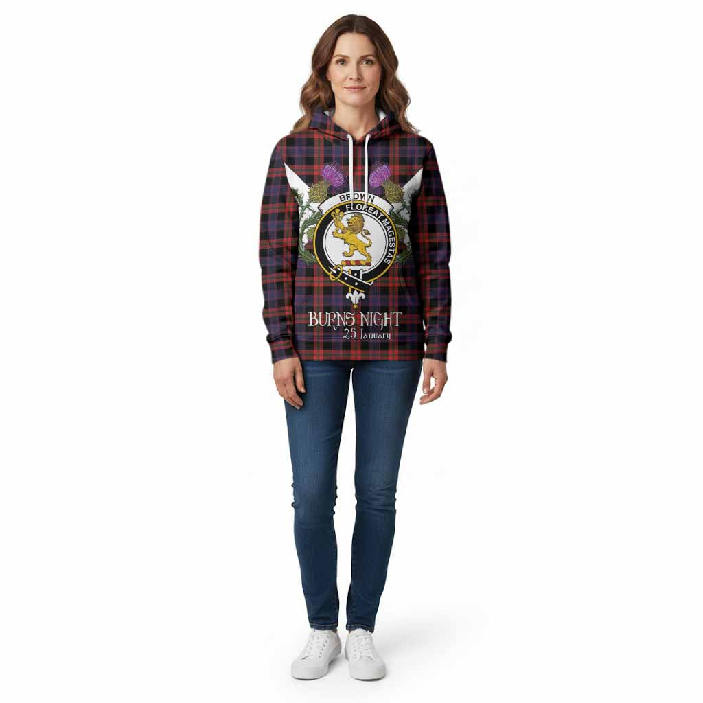 Brown (Broun) Tartan Family Crest Cotton Hoodie Scottish Burns Night Thistle Floral