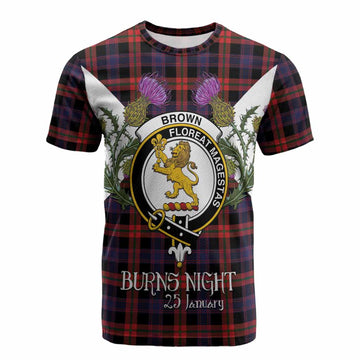 Brown (Broun) Tartan Family Crest Cotton T-shirt Scottish Burns Night Thistle Floral
