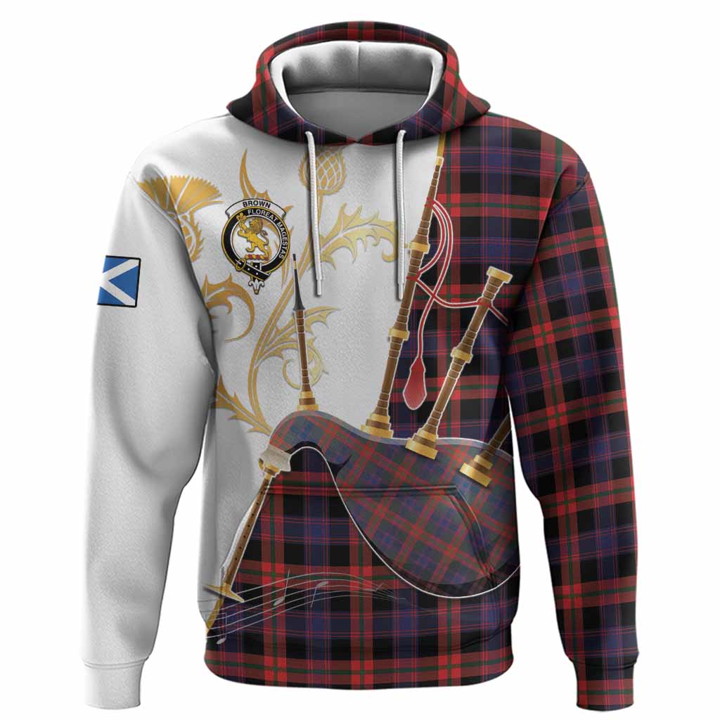 Brown (Broun) Tartan Family Crest Hoodie Bagpipes with Scottish Thistle