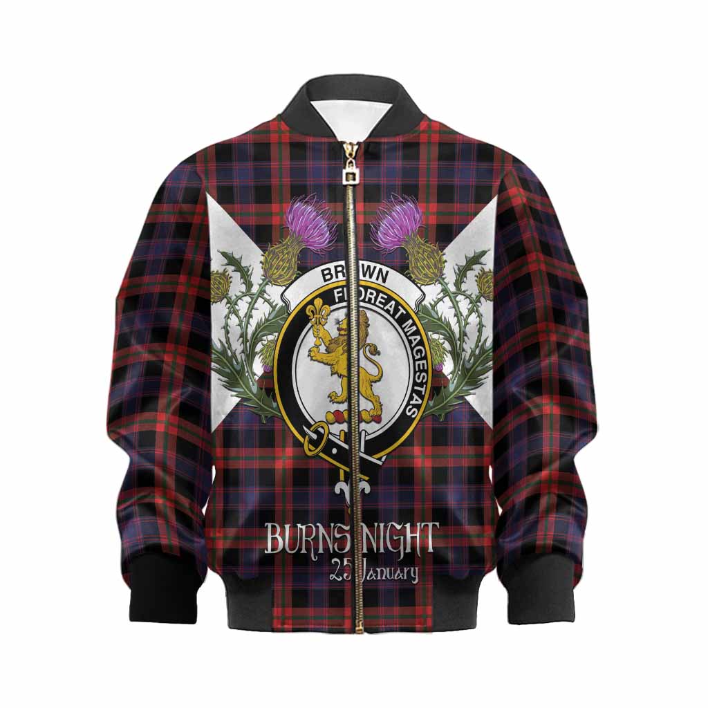 Brown (Broun) Tartan Family Crest Kid Bomber Jacket Scottish Burns Night Thistle Floral