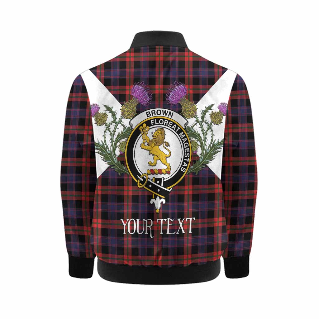 Brown (Broun) Tartan Family Crest Kid Bomber Jacket Scottish Burns Night Thistle Floral