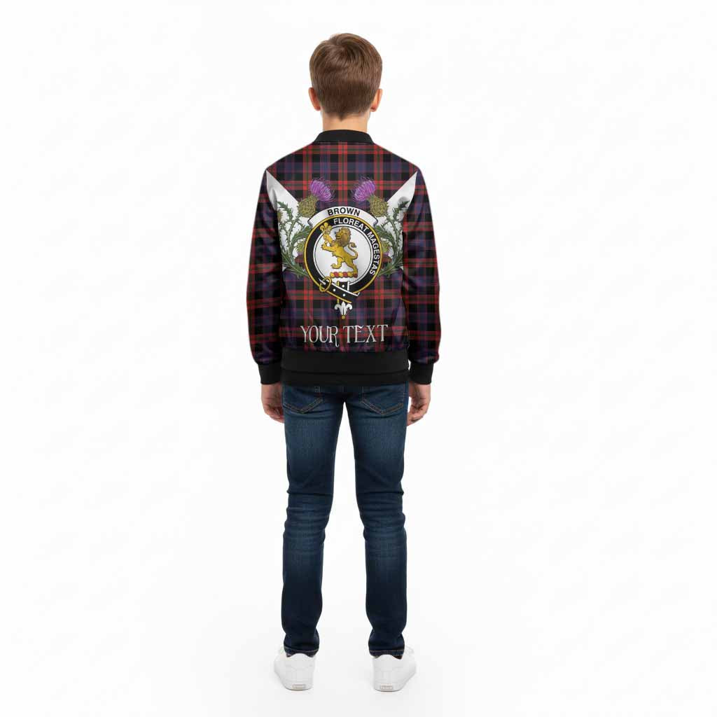 Brown (Broun) Tartan Family Crest Kid Bomber Jacket Scottish Burns Night Thistle Floral