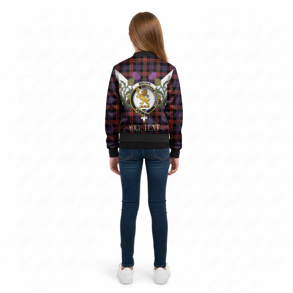 Brown (Broun) Tartan Family Crest Kid Bomber Jacket Scottish Burns Night Thistle Floral