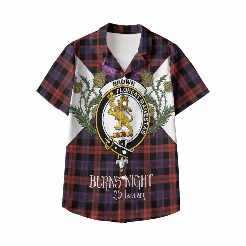 Brown (Broun) Tartan Family Crest Kid Hawaiian Shirt Scottish Burns Night Thistle Floral