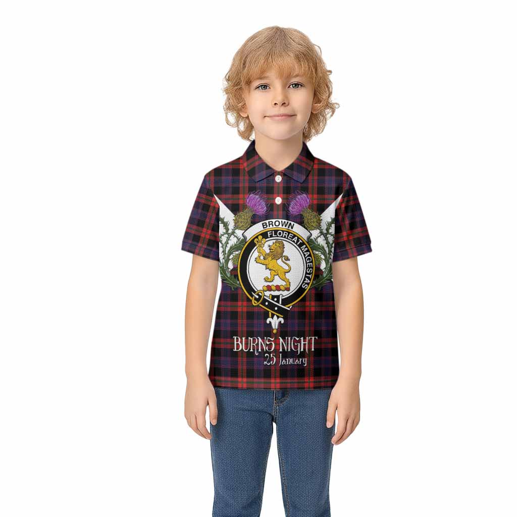 Brown (Broun) Tartan Family Crest Kid Polo Shirt Scottish Burns Night Thistle Floral