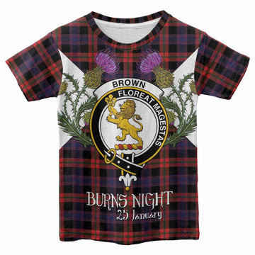 Brown (Broun) Tartan Family Crest Kid T-shirt Scottish Burns Night Thistle Floral