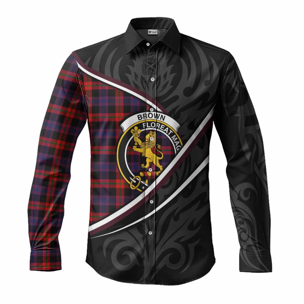 Brown (Broun) Tartan Family Crest Long Sleeve Button Shirts Celtic Scottish Thistle Floral - Tartan Vibes Clothing