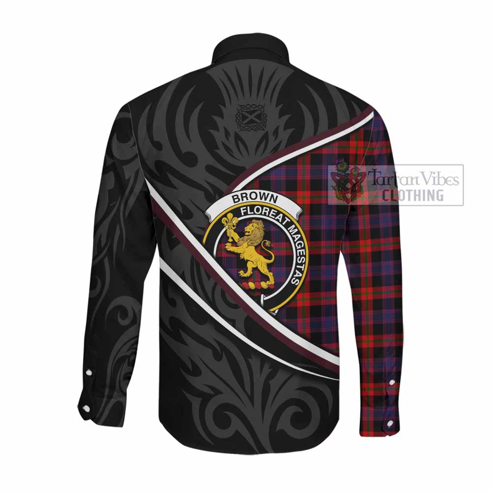 Brown (Broun) Tartan Family Crest Long Sleeve Button Shirts Celtic Scottish Thistle Floral - Tartan Vibes Clothing