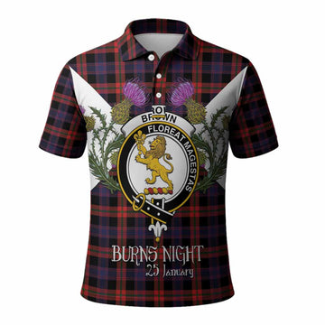 Brown (Broun) Tartan Family Crest Polo Shirt Scottish Burns Night Thistle Floral
