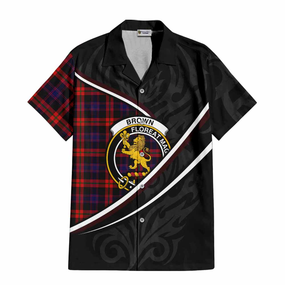 Brown (Broun) Tartan Family Crest Short Sleeve Button Shirt Celtic Scottish Thistle Floral - Tartan Vibes Clothing