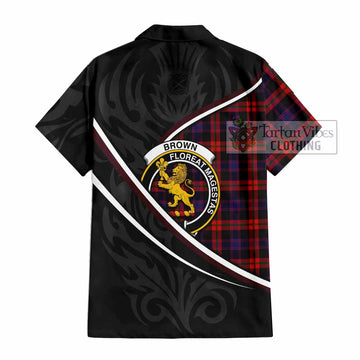 Brown (Broun) Tartan Family Crest Short Sleeve Button Shirt Celtic Scottish Thistle Floral - Tartan Vibes Clothing