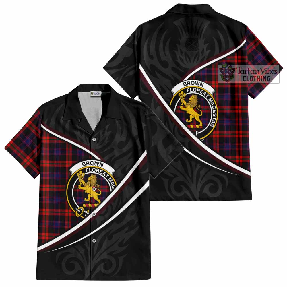 Brown (Broun) Tartan Family Crest Short Sleeve Button Shirt Celtic Scottish Thistle Floral - Tartan Vibes Clothing