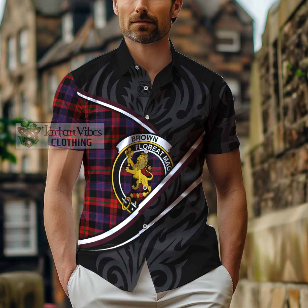 Brown (Broun) Tartan Family Crest Short Sleeve Button Shirt Celtic Scottish Thistle Floral - Tartan Vibes Clothing