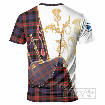 Brown (Broun) Tartan Family Crest T-Shirt Bagpipes with Scottish Thistle