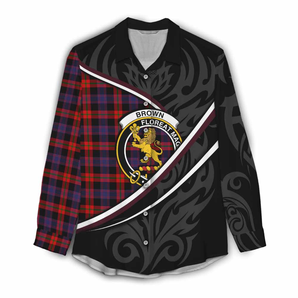 Brown (Broun) Tartan Family Crest Women Casual Shirt Celtic Scottish Thistle Floral - Tartan Vibes Clothing