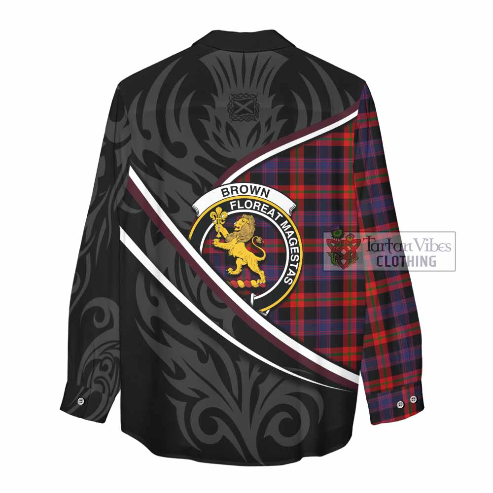 Brown (Broun) Tartan Family Crest Women Casual Shirt Celtic Scottish Thistle Floral - Tartan Vibes Clothing