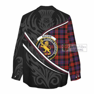 Brown (Broun) Tartan Family Crest Women Casual Shirt Celtic Scottish Thistle Floral - Tartan Vibes Clothing