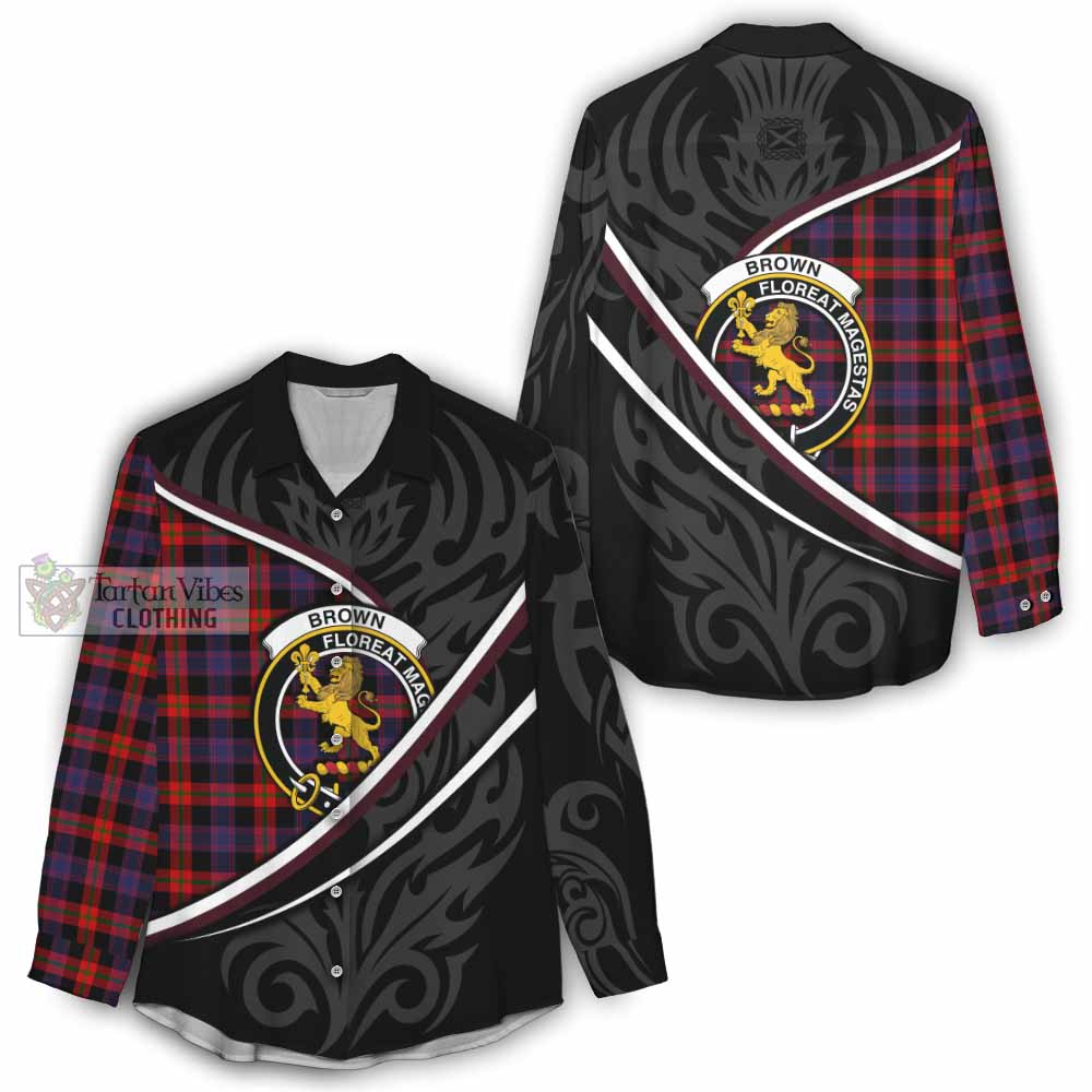 Brown (Broun) Tartan Family Crest Women Casual Shirt Celtic Scottish Thistle Floral - Tartan Vibes Clothing