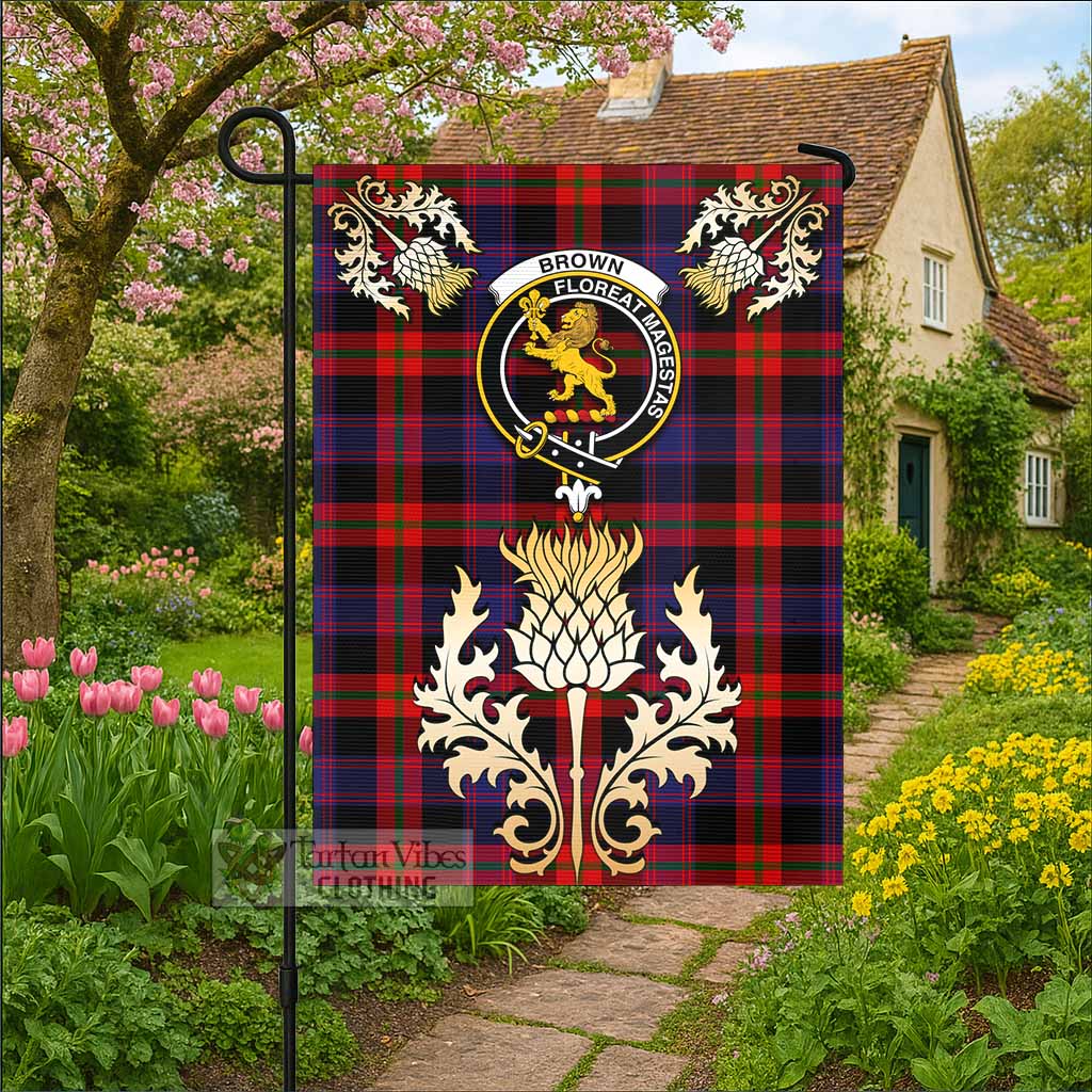 Brown (Broun) Tartan Garden Flag with Golden Regal Scottish Thistle Emblem - Tartan Vibes Clothing