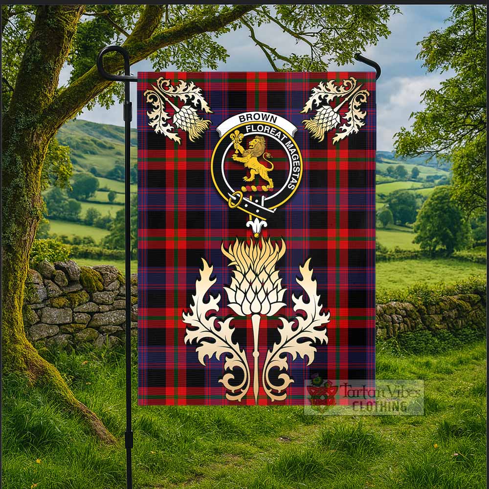 Brown (Broun) Tartan Garden Flag with Golden Regal Scottish Thistle Emblem - Tartan Vibes Clothing