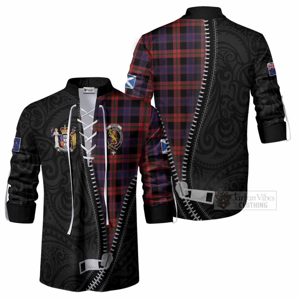Brown (Broun) Tartan Ghillie Shirt New Zealand Pattern Unique Zipper Stylized