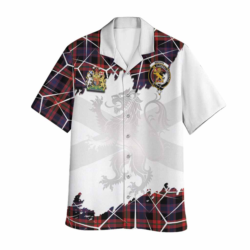 Brown (Broun) Tartan Hawaiian Shirt with Family Crest and Lion Rampant Grunge Style