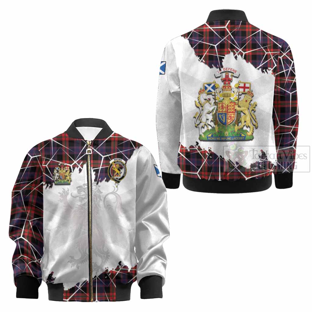 Brown (Broun) Tartan Kid Bomber Jacket with Family Crest and Lion Rampant Grunge Style