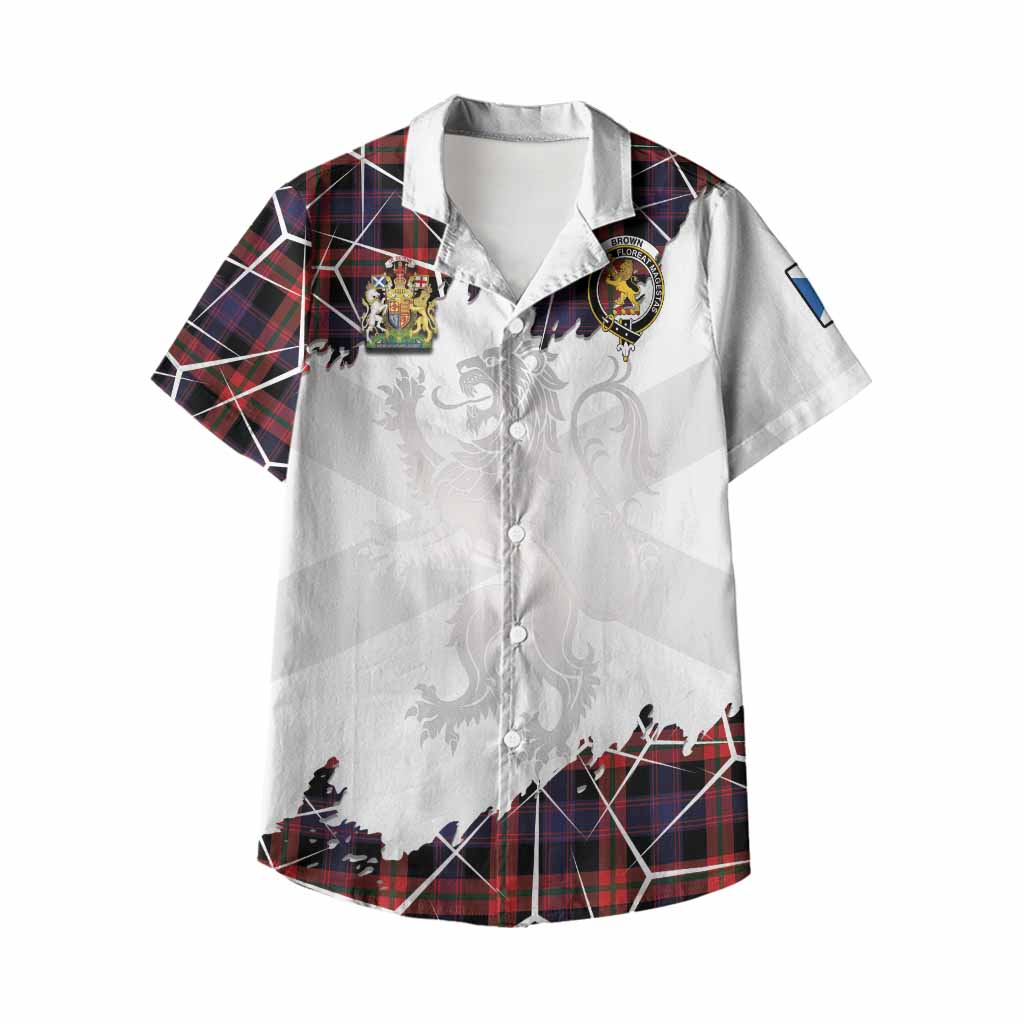 Brown (Broun) Tartan Kid Hawaiian Shirt with Family Crest and Lion Rampant Grunge Style