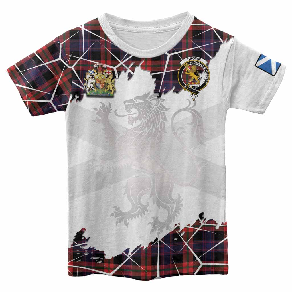 Brown (Broun) Tartan Kid T-shirt with Family Crest and Lion Rampant Grunge Style
