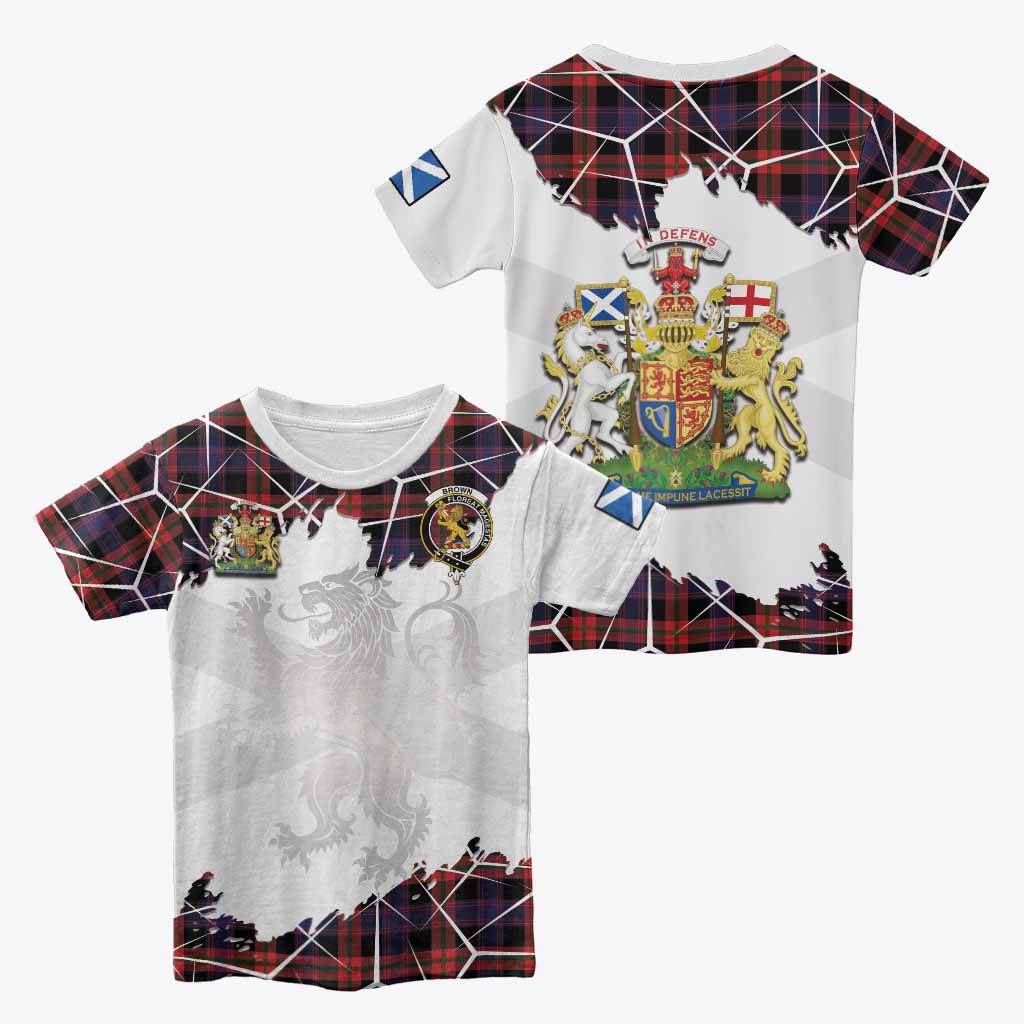 Brown (Broun) Tartan Kid T-shirt with Family Crest and Lion Rampant Grunge Style