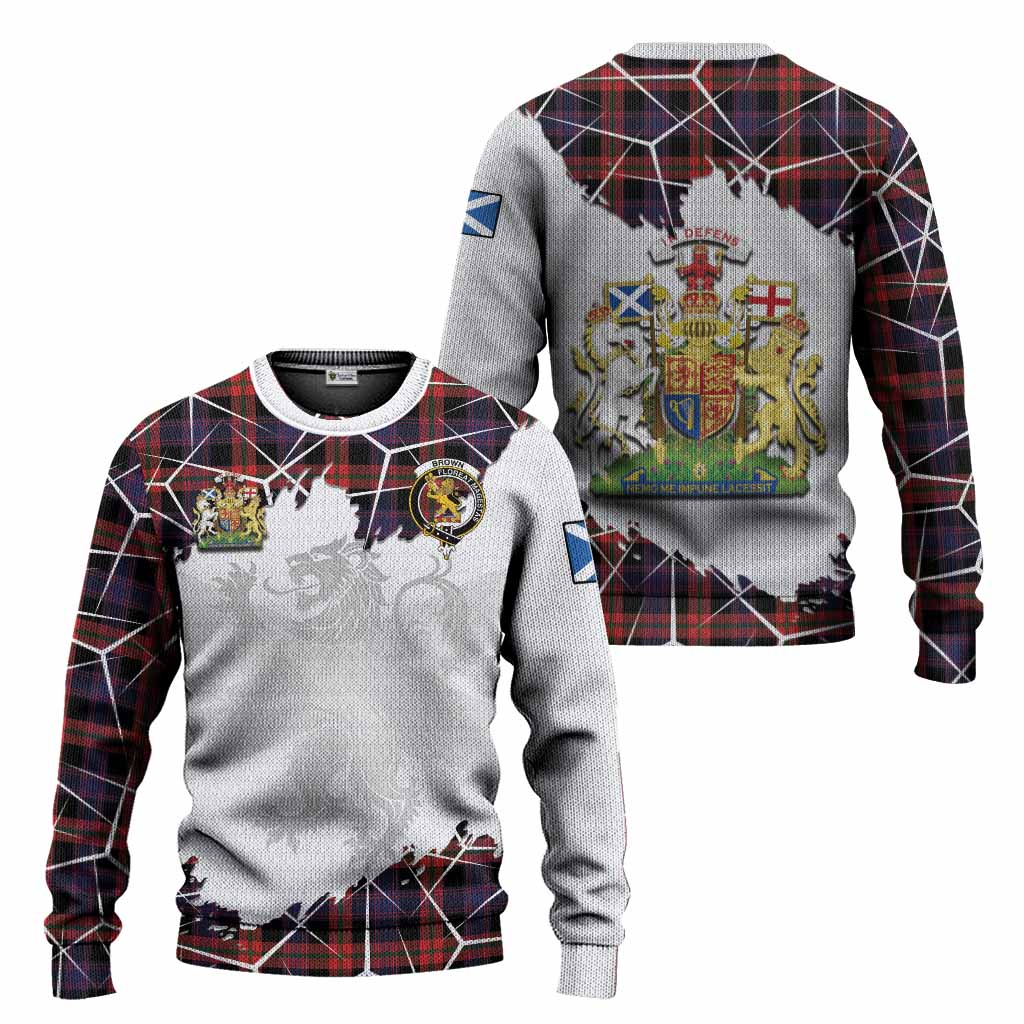 Brown (Broun) Tartan Knitted Sweater with Family Crest and Lion Rampant Grunge Style