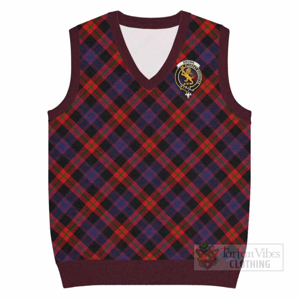 Brown (Broun) Tartan Knitted V-Neck Vest with Family Crest Cross Style