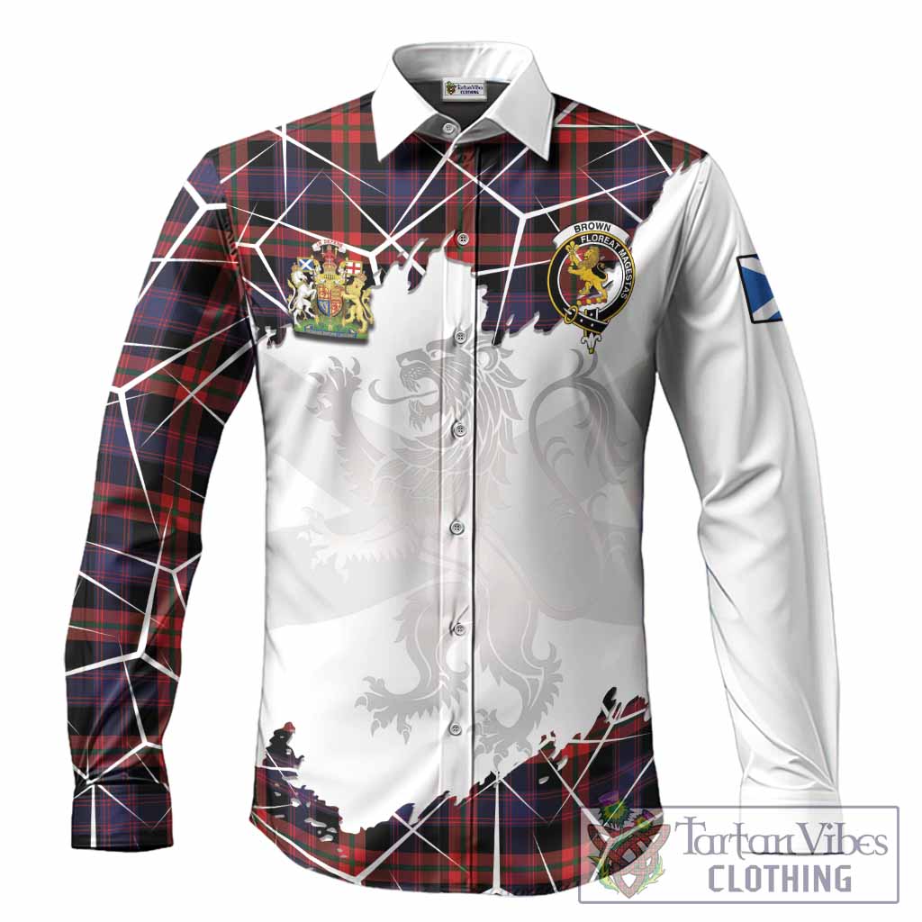 Brown (Broun) Tartan Long Sleeve Button Shirts with Family Crest and Lion Rampant Grunge Style