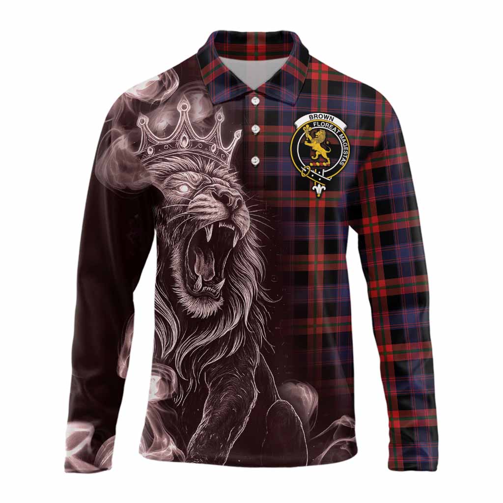 Brown (Broun) Tartan Long Sleeve Polo Shirt Roaring Lion Heritage