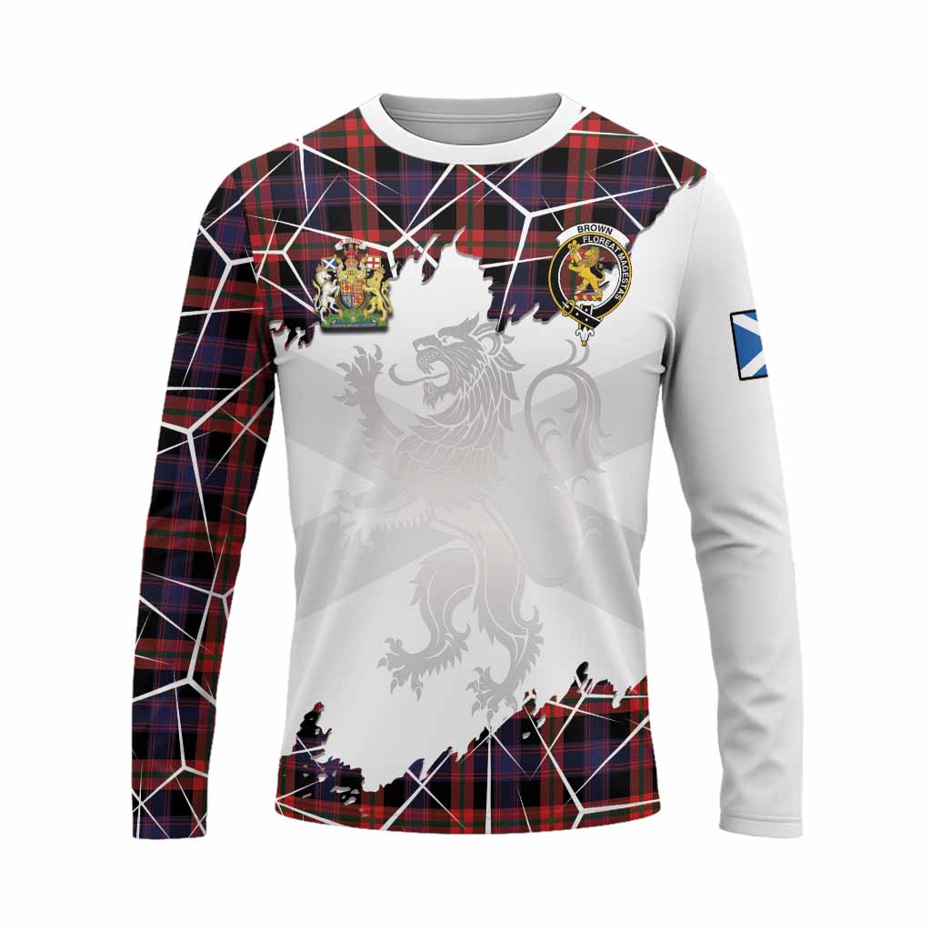 Brown (Broun) Tartan Long Sleeve T-Shirt with Family Crest and Lion Rampant Grunge Style