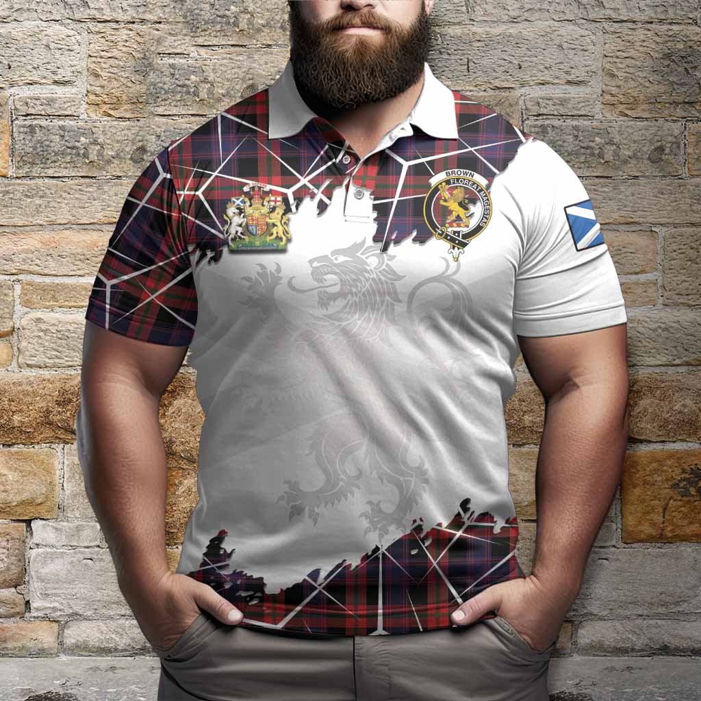 Brown (Broun) Tartan Polo Shirt with Family Crest and Lion Rampant Grunge Style