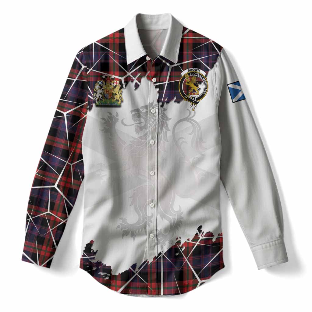 Brown (Broun) Tartan Women Casual Shirt with Family Crest and Lion Rampant Grunge Style