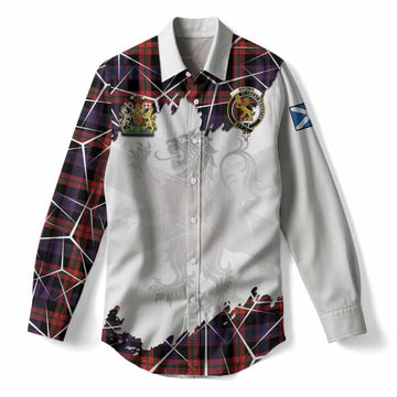 Brown (Broun) Tartan Women Casual Shirt with Family Crest and Lion Rampant Grunge Style